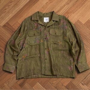 Free People Found Floral Moss Button Down Camp Shirt Olive Green Medium Unisex